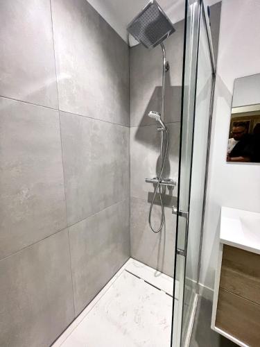 a shower with a glass door in a bathroom at Jade Duplex CLIM Proche Hôpital in La Tronche