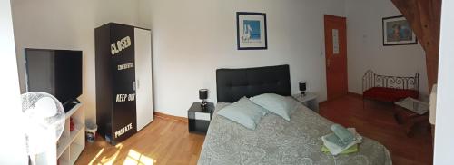 1 dormitorio con 1 cama con cabecero negro en La haye Georget, en Feneu