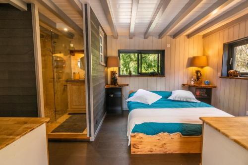 ein Schlafzimmer mit einem Bett und einer Dusche in der Unterkunft Le Gite de l Etang du Petit Rocher in Théhillac
