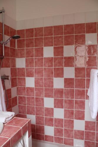 a bathroom with red and white tile on the wall at Bastide Saint Bernard in Le Thoronet