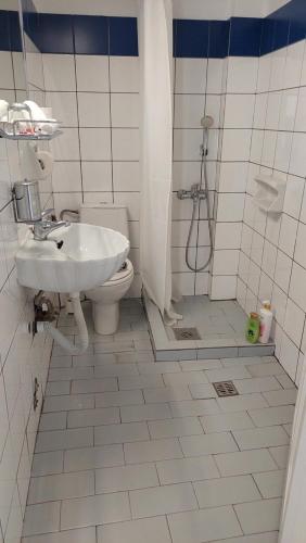 a bathroom with a sink and a toilet and a shower at Olympic Villas in Oia