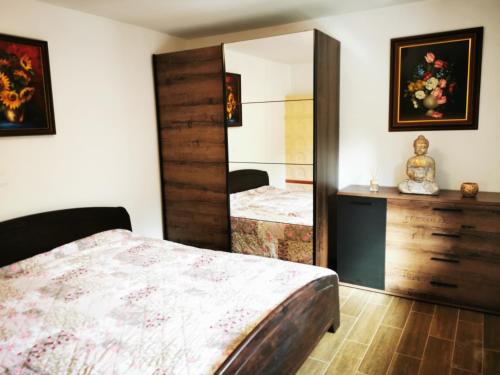 1 dormitorio con espejo, 1 cama y vestidor en Holiday Home - Goričko Park, 