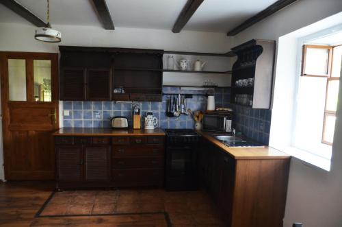 a kitchen with black cabinets and a blue tiled wall at Chalupa v Moravském krasu v obci Lipovec in Lipovec