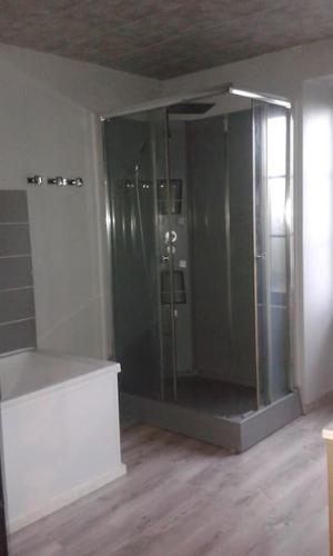 une salle de bain avec une douche en verre dans une chambre dans l'établissement grand appartement très clair près centre ville, à Argentat