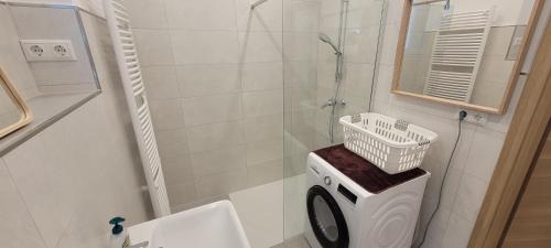 a bathroom with a washing machine in a shower at Wohnung in Datteln in Datteln