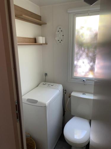Elle comprend une petite salle de bains pourvue de toilettes et d'une fenêtre. dans l'établissement mobilhome la palmyre bonne anse plage, aux Mathes