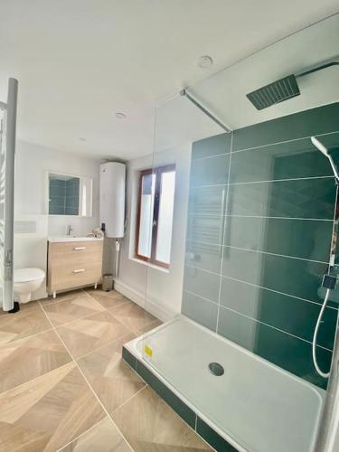 une salle de bain avec douche et baignoire dans l'établissement Le Primevère, à Rouen