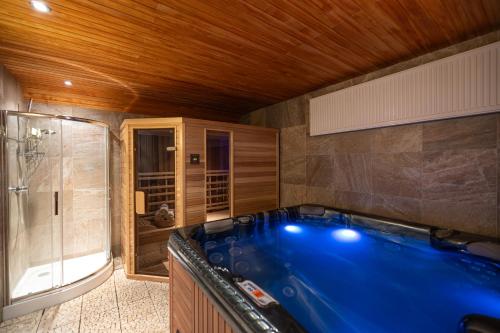 a large blue tub in a bathroom with a shower at U Sadílků in Paseky nad Jizerou