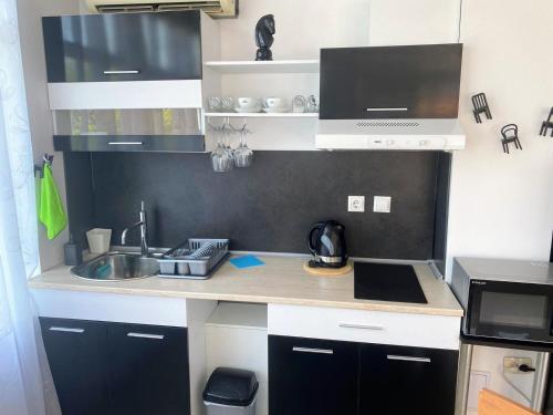 a small kitchen with a sink and a microwave at VIP apart SVETLANA in Ravda