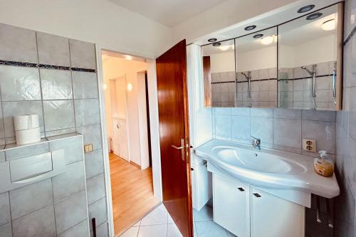 een badkamer met een wastafel, een spiegel en een douche bij Nice Apartment in Seevetal in Seevetal