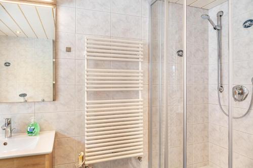 a bathroom with a shower and a sink at Haus Alpenheim Apartment 3 in Tux