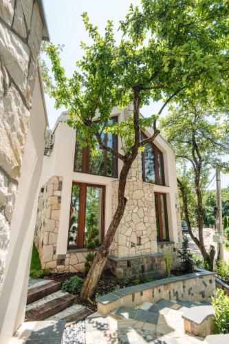 a house with a tree in front of it at Toplik Village Resort in Lukavica