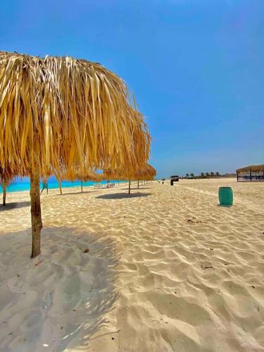 a straw umbrella on a sandy beach with the ocean at 50% Off. 2BR , 2BR Ground floor with pool view, private beach access, security 24/7 شاليه ٢ غرفه ، ٢ حمام ف الدور الارضي قدام جنينه و حمام السباحه مباشره ، شاطيء خاص بالقرية و أمن ٢٤ ساعه و مسجد خاص in Dawwār Muḩammad Abū Shanab