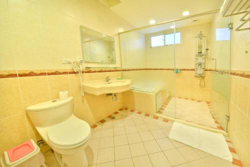 花蓮市的住宿－瑪莉亞民宿，浴室配有卫生间、盥洗盆和淋浴。