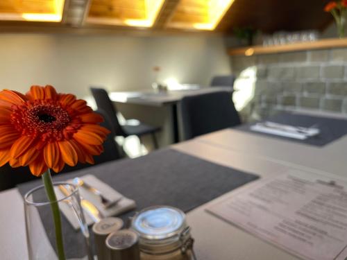 a vase with a flower sitting on a table at Pension Tatrasport Zampa in Smokovce