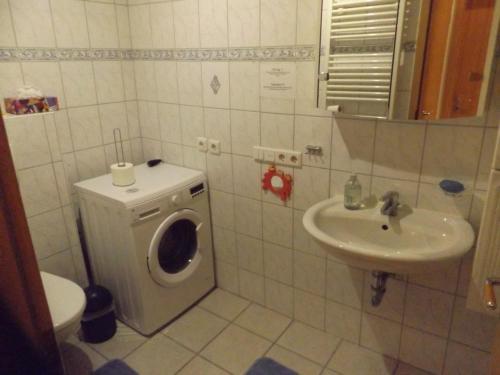 uma casa de banho com uma máquina de lavar roupa e um lavatório em Ferienwohnung Hahnenkrug em Selk