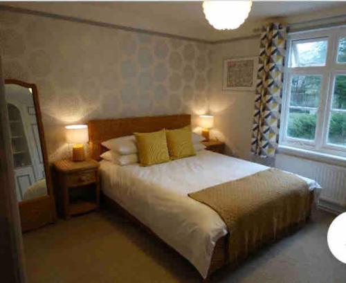 a bedroom with a bed with two lamps and a mirror at Upcott Farm in Lapford