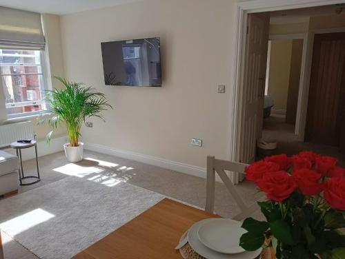 a living room with a tv on a wall at Barchester House Apartments in Salisbury