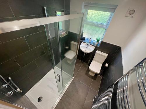 a bathroom with a shower and a toilet and a sink at Stunning Home with STARGAZING ROOM Near Kielder Water in Greenhaugh