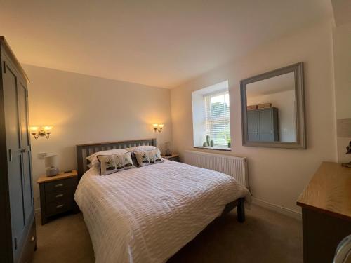 a bedroom with a bed with two pillows and a mirror at Stunning Home with STARGAZING ROOM Near Kielder Water in Greenhaugh