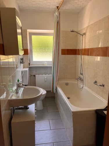 a bathroom with a sink and a tub and a toilet at Ferien am Maar in Daun
