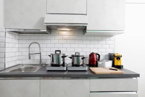 - un comptoir de cuisine avec 2 casseroles et un évier dans l'établissement 55Birds - San Siro ed il centro a portata di mano, à Milan