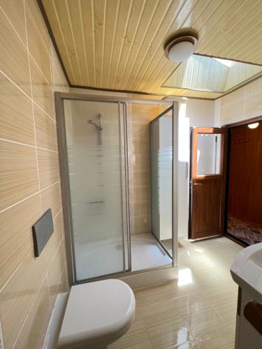 a bathroom with a shower and a toilet in it at Zeren Pansiyon in Uzungöl