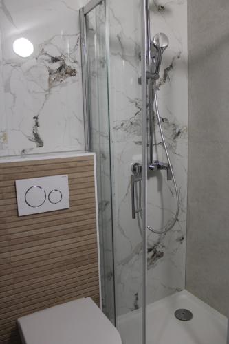 a bathroom with a glass shower with a toilet at Villa Aequum in Trogir