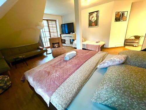 a bedroom with a large bed and a living room at Villa Casanna Apartments in Łomianki