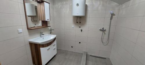ein Bad mit einem Waschbecken und einer Dusche in der Unterkunft Apartman Citadel in Gradačac