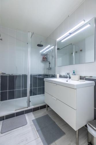 une salle de bain avec un lavabo blanc et une douche dans l'établissement *Cocoon Area* Confort & Parking, à Clermont-Ferrand