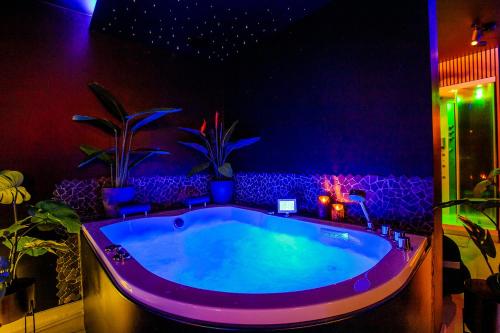 a jacuzzi tub in a room with purple lighting at Merkelhoeve Wellness in Merkelbeek