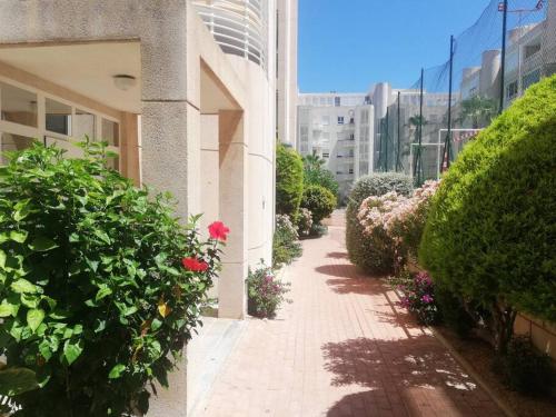 Apartamento playa Muchavista في إل كامبيلو: ممشى به زهور ونباتات على مبنى