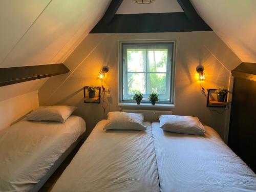 two beds in a room with a window at Bosboerderij de Goudsberg met hottub in tuin in Lunteren