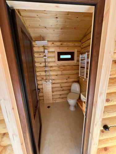 a small bathroom with a toilet in a log cabin at Alone Cottage Kazbegi in Stepantsminda