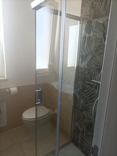 a bathroom with a toilet and a glass shower at Rosmat's house in Conversano