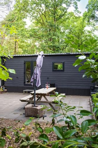 a picnic table with an umbrella in front of a cabin at Prachtig chalet in de bossen in Nunspeet