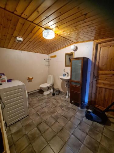 ein Bad mit WC und Waschbecken in einem Zimmer in der Unterkunft Hjälmarödsgård in Kivik