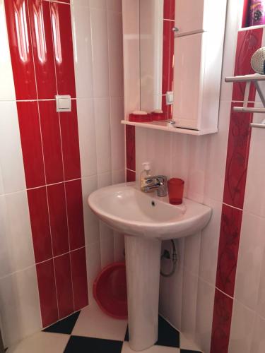 a bathroom with a white sink and a red door at Apartments Delcheva in Utjeha