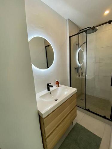 une salle de bain avec un lavabo et un miroir dans l'établissement Family Villa with pool and AC in Antibes, à Antibes