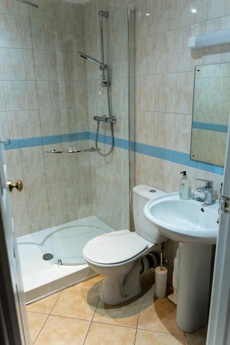 a bathroom with a toilet and a shower and a sink at Manorbier House - Caldey Island Room in Tenby