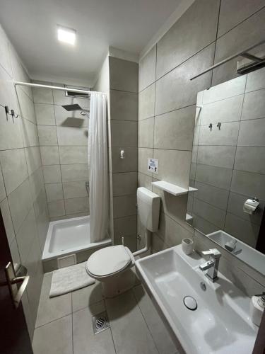 a bathroom with a toilet and a sink and a tub at Apartments and Rooms Markovski in Rab