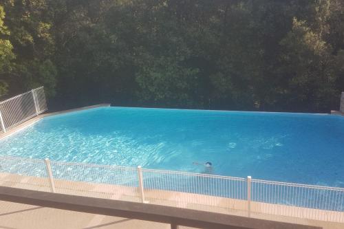 une personne nageant dans une grande piscine bleue dans l'établissement Villa dans un puits de verdure avec piscine résidentielle, à Valbonne
