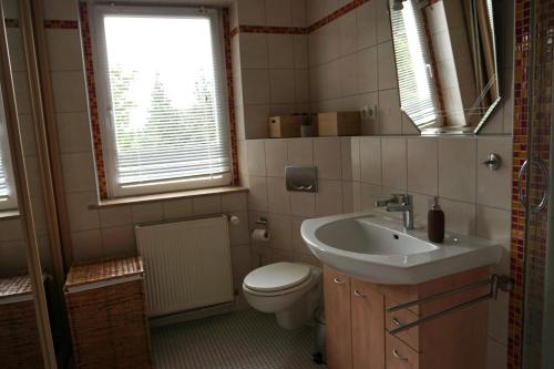 ein Bad mit einem Waschbecken, einem WC und einem Fenster in der Unterkunft Ferienwohnung Oderwind in Oderberg