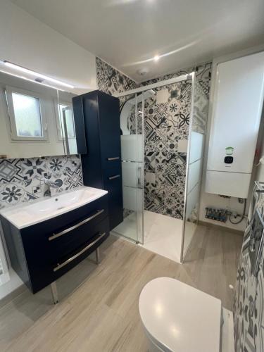 uma casa de banho com um WC, um lavatório e um chuveiro em Le bruit des vagues em Les Pieux