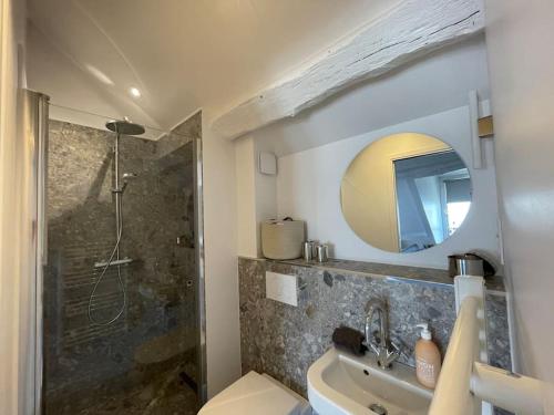 une salle de bain avec une douche, un lavabo et un miroir dans l'établissement Magnifique studio - Louvre Opéra, à Paris