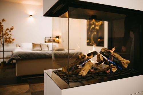a fireplace in a living room with a bed at Maas en Waal Wellness & Suites in Dreumel