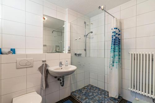 a bathroom with a sink and a toilet and a shower at im Oberdorf in Achern