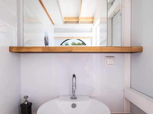 een badkamer met een wastafel en een spiegel bij Amazing houseboat in Kinrooi for rent in Kinrooi