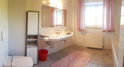 een badkamer met een wastafel en een spiegel bij Wunderschöne Ferienwohnung mit Seeblick in Zell am Moos